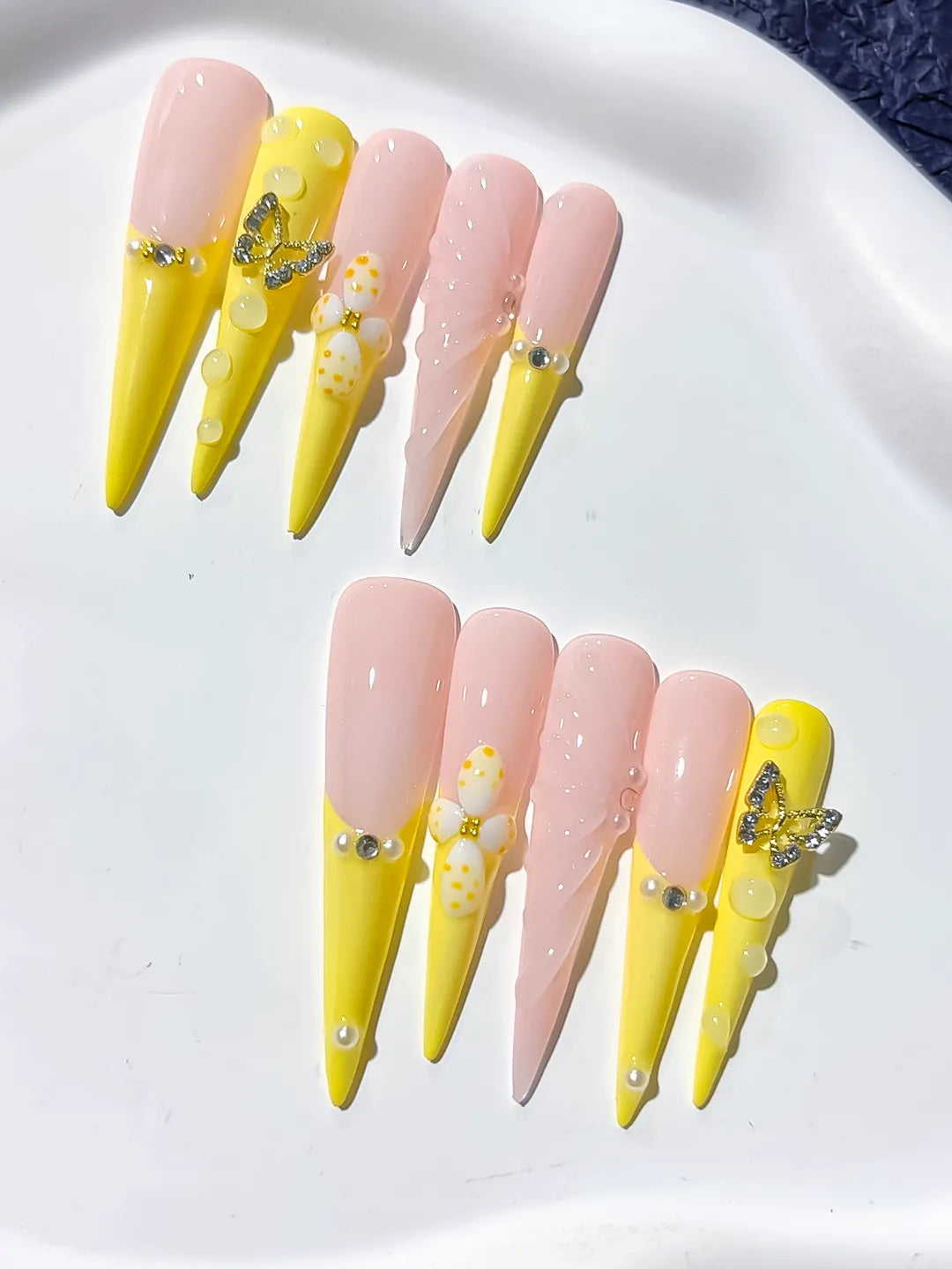JSA27 - Long Yellow Nude Stiletto French tip Flower Butterfly