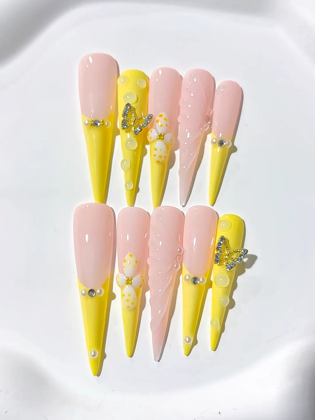 JSA27 - Long Yellow Nude Stiletto French tip Flower Butterfly