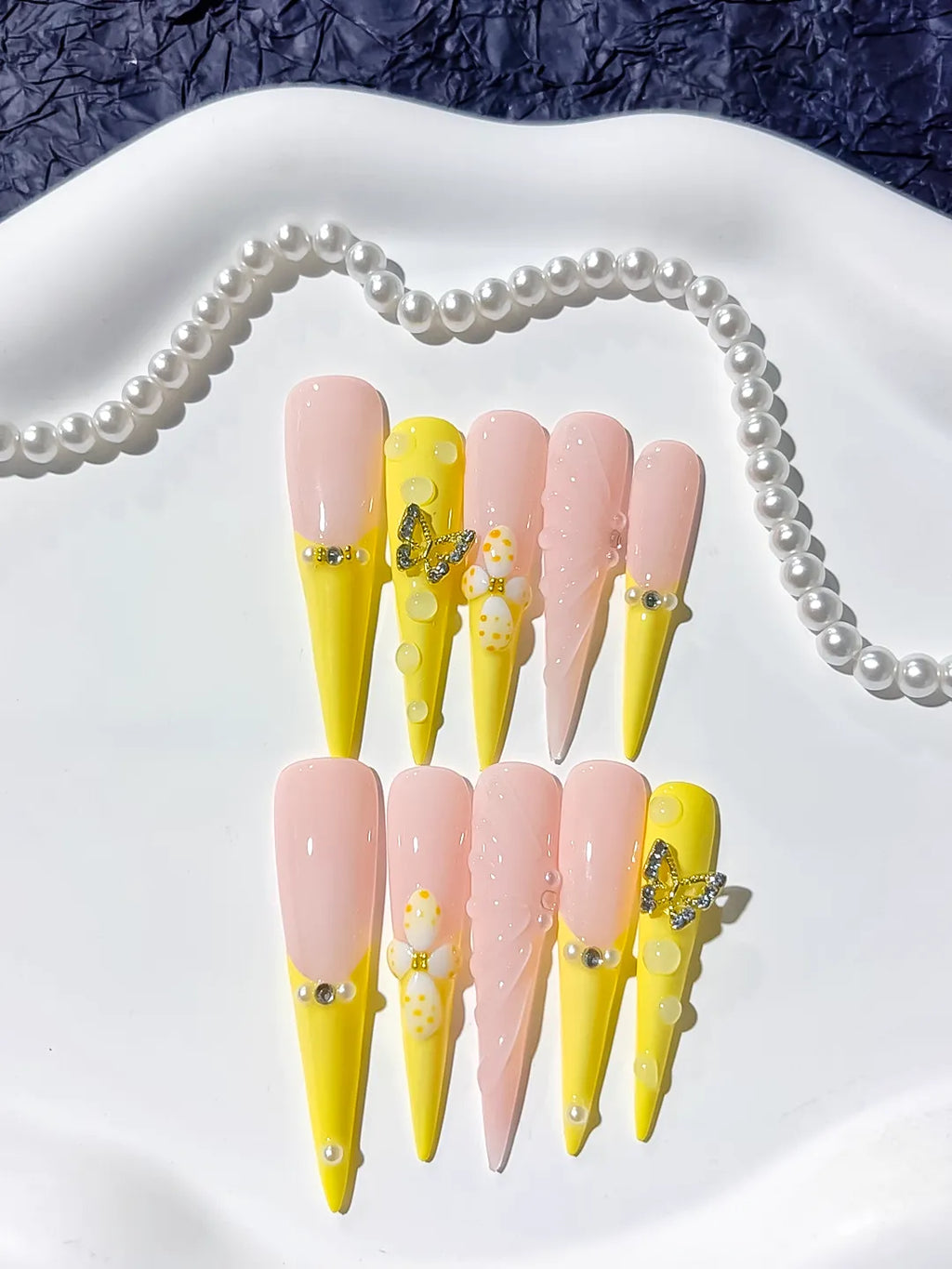 JSA27 - Long Yellow Nude Stiletto French tip Flower Butterfly