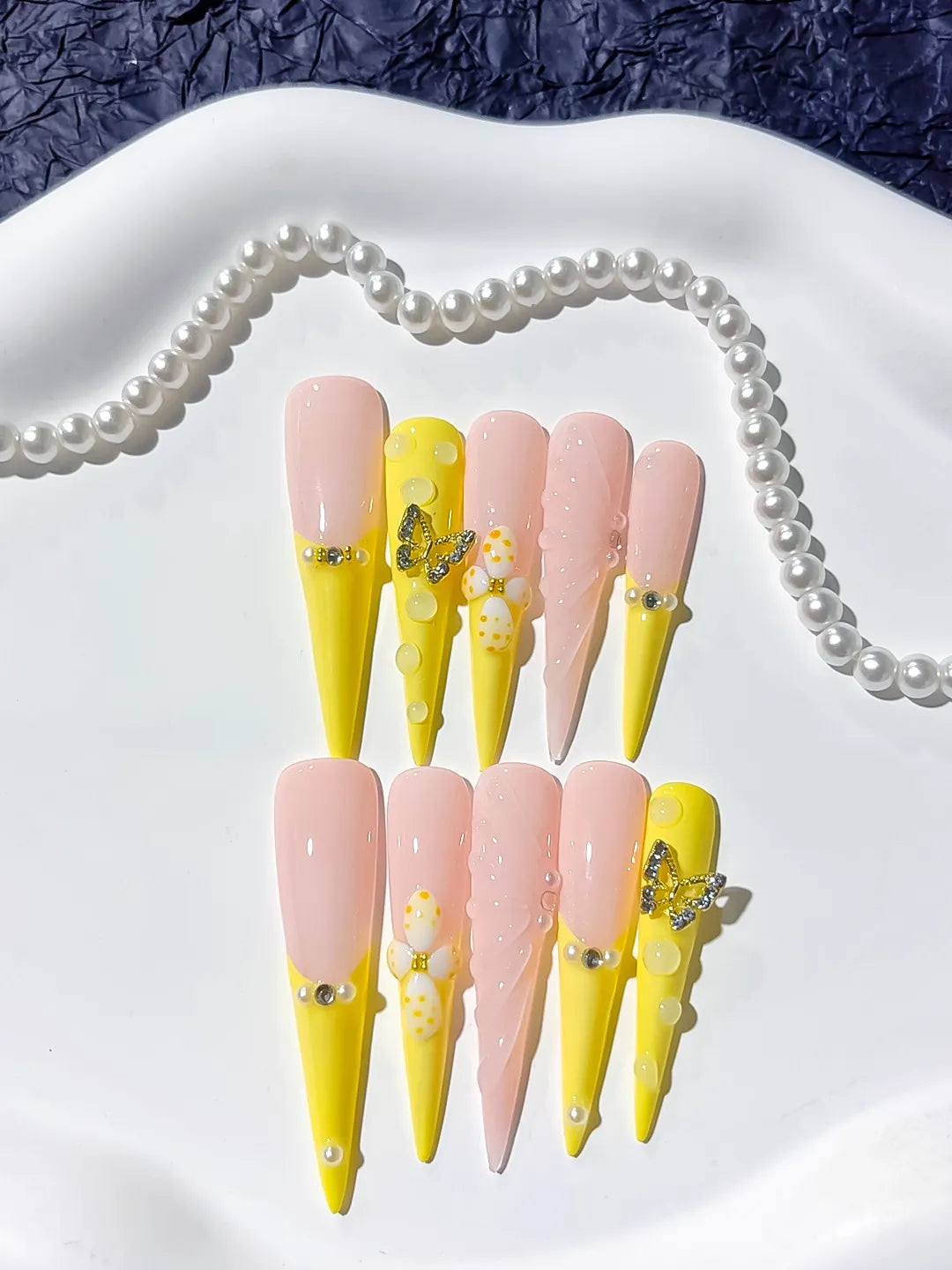 JSA27 - Long Yellow Nude Stiletto French tip Flower Butterfly
