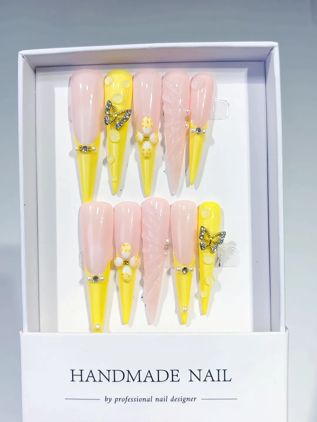 JSA27 - Long Yellow Nude Stiletto French tip Flower Butterfly