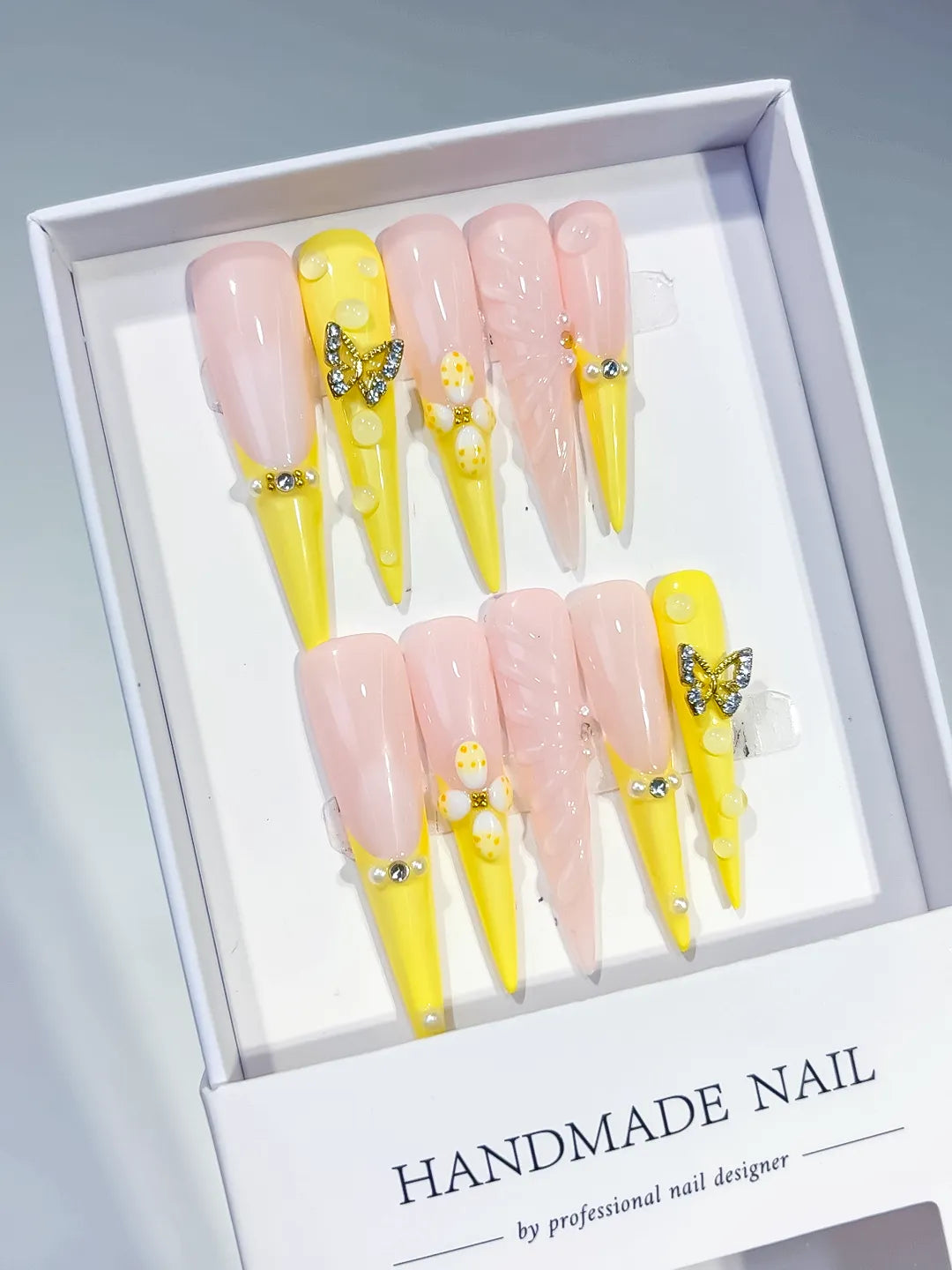 JSA27 - Long Yellow Nude Stiletto French tip Flower Butterfly