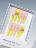 JSA27 - Long Yellow Nude Stiletto French tip Flower Butterfly