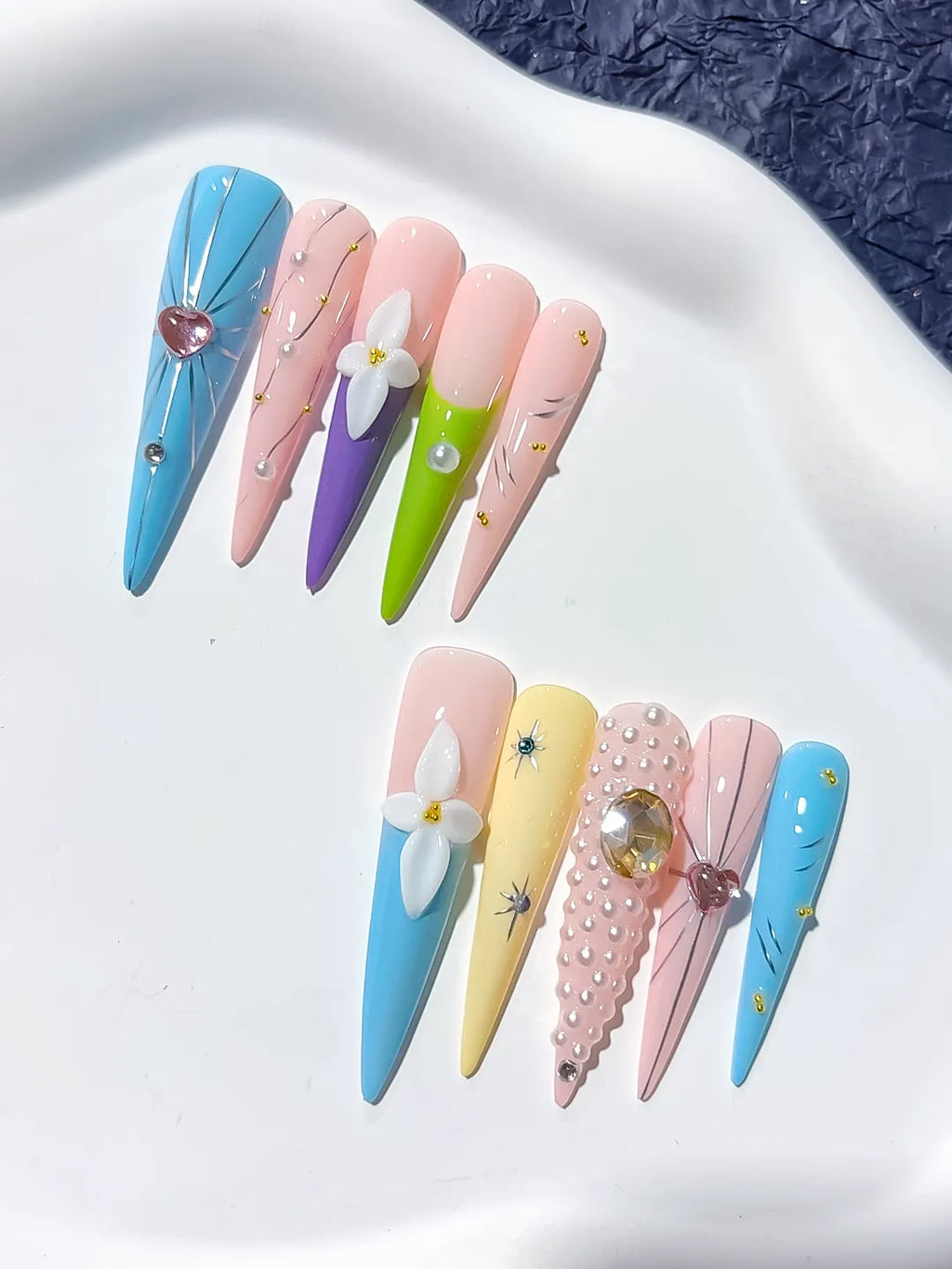 JSA30 - Long Blue Nude Stiletto Abstract Flower Pearl