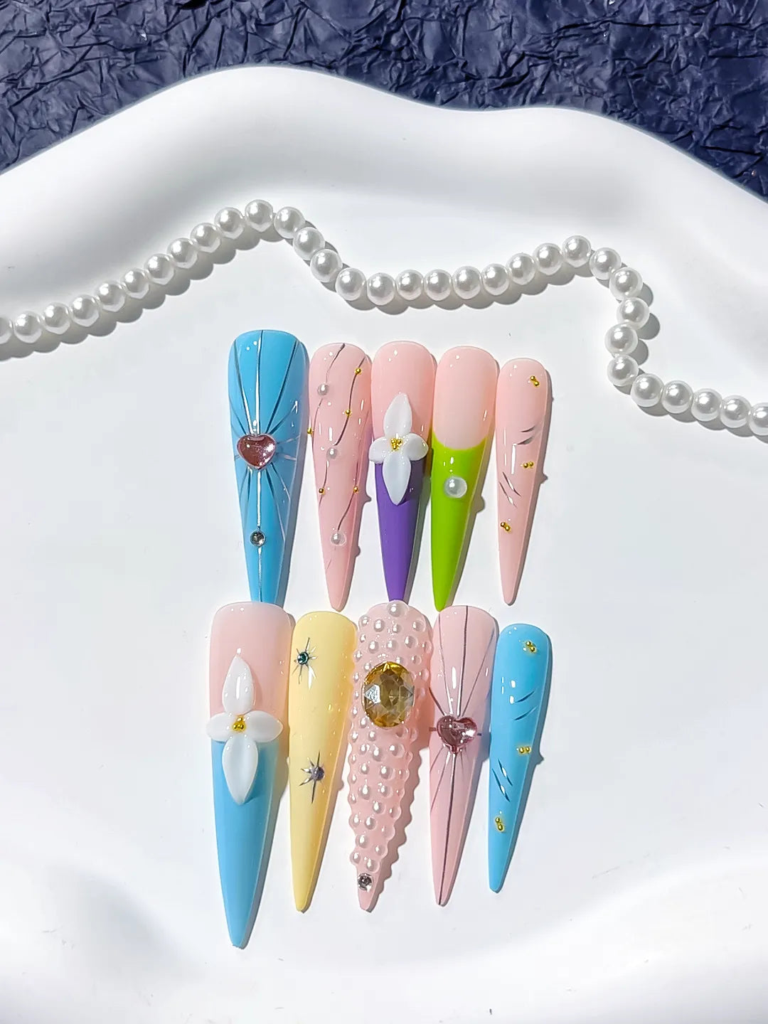 JSA30 - Long Blue Nude Stiletto Abstract Flower Pearl