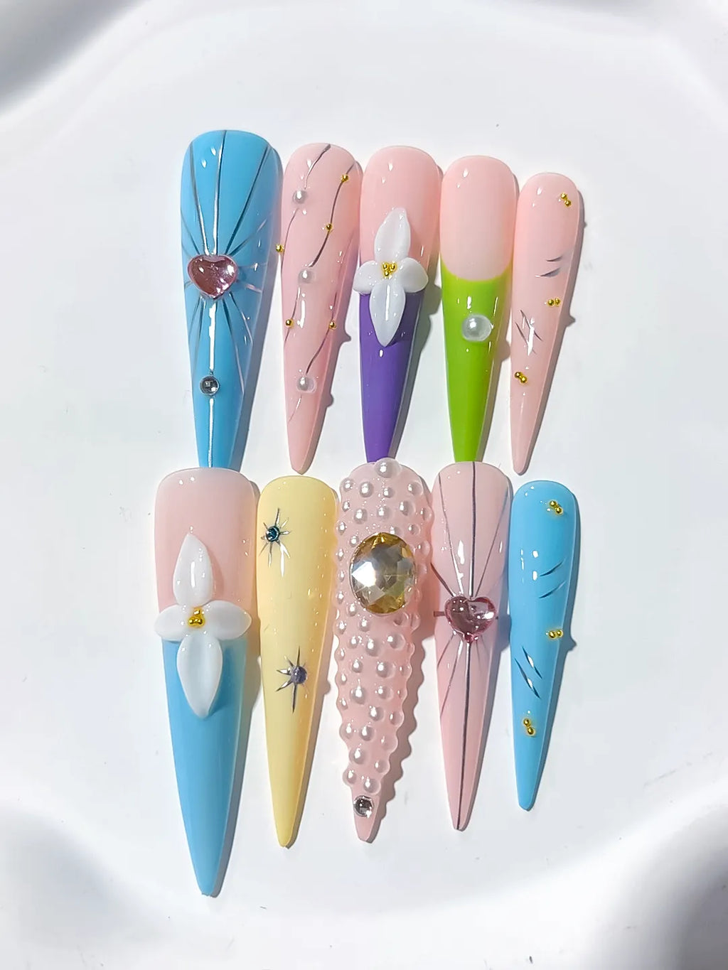 JSA30 - Long Blue Nude Stiletto Abstract Flower Pearl