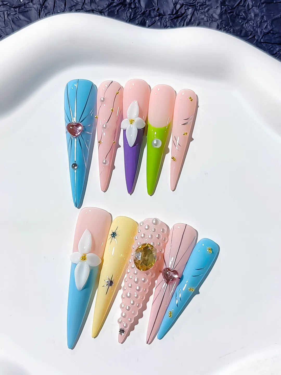 JSA30 - Long Blue Nude Stiletto Abstract Flower Pearl