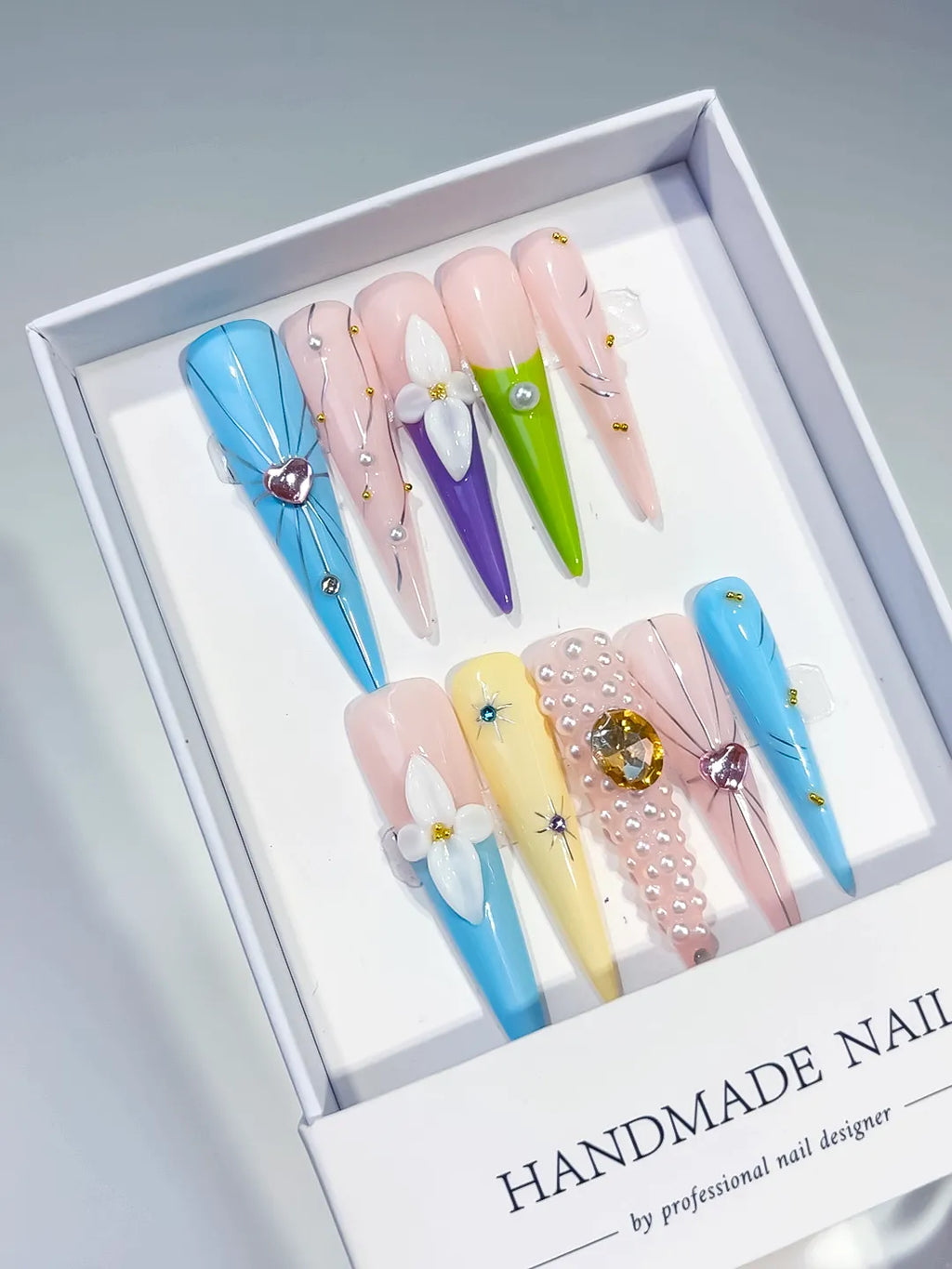 JSA30 - Long Blue Nude Stiletto Abstract Flower Pearl