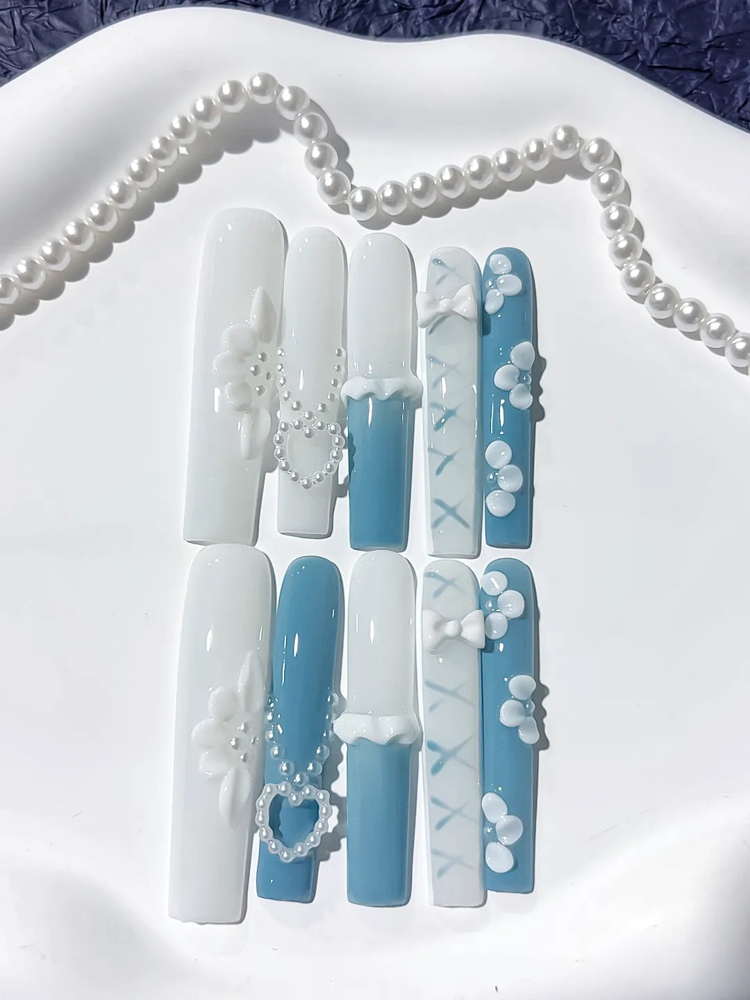 JSB01 - Long White Blue Square French tip Pearl Bow
