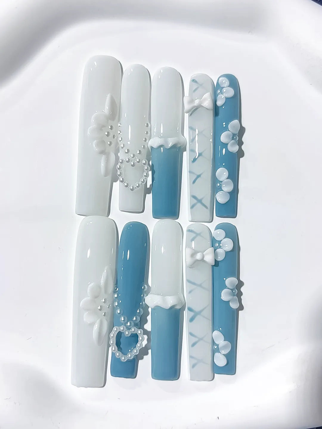 JSB01 - Long White Blue Square French tip Pearl Bow