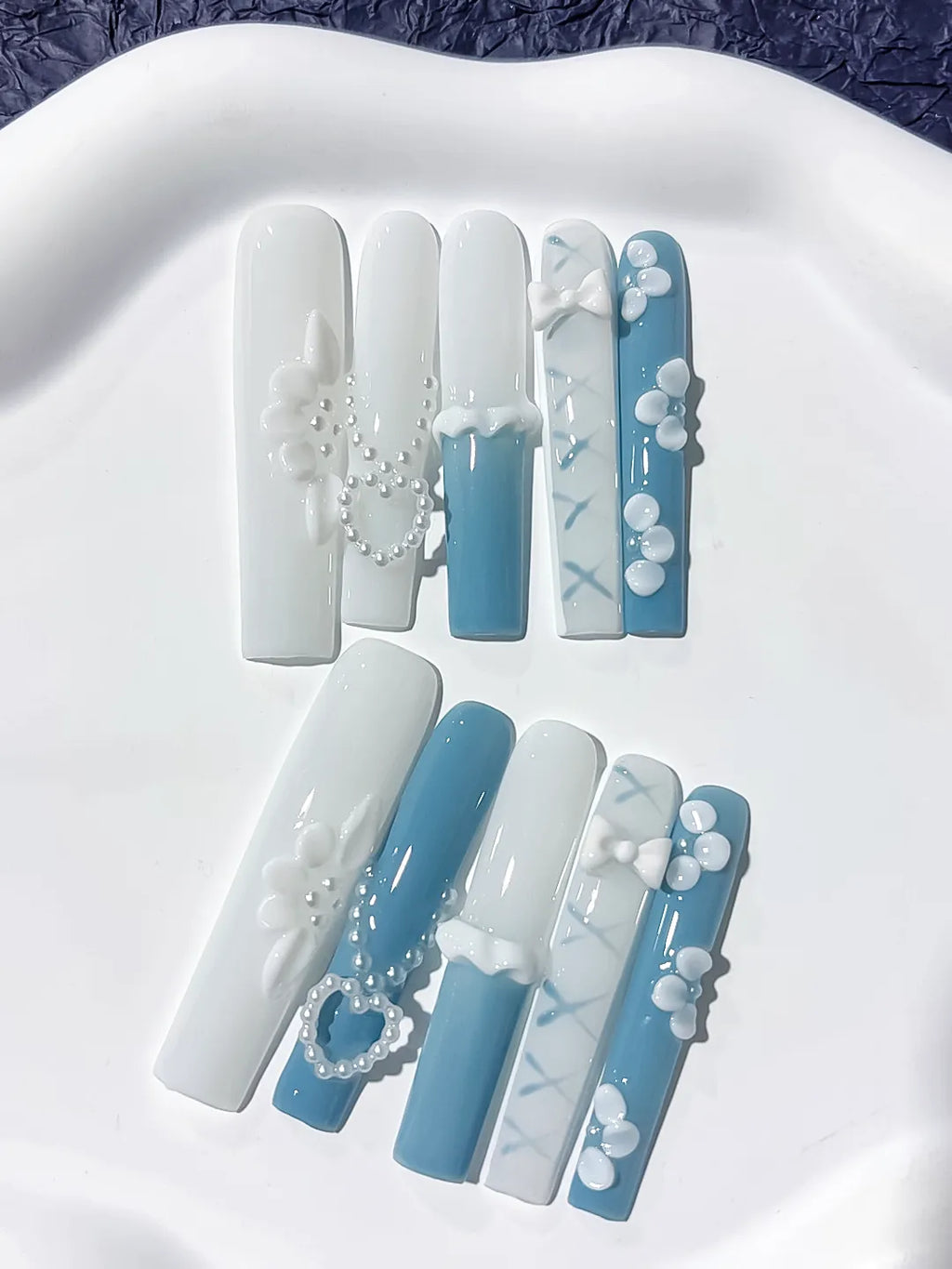 JSB01 - Long White Blue Square French tip Pearl Bow