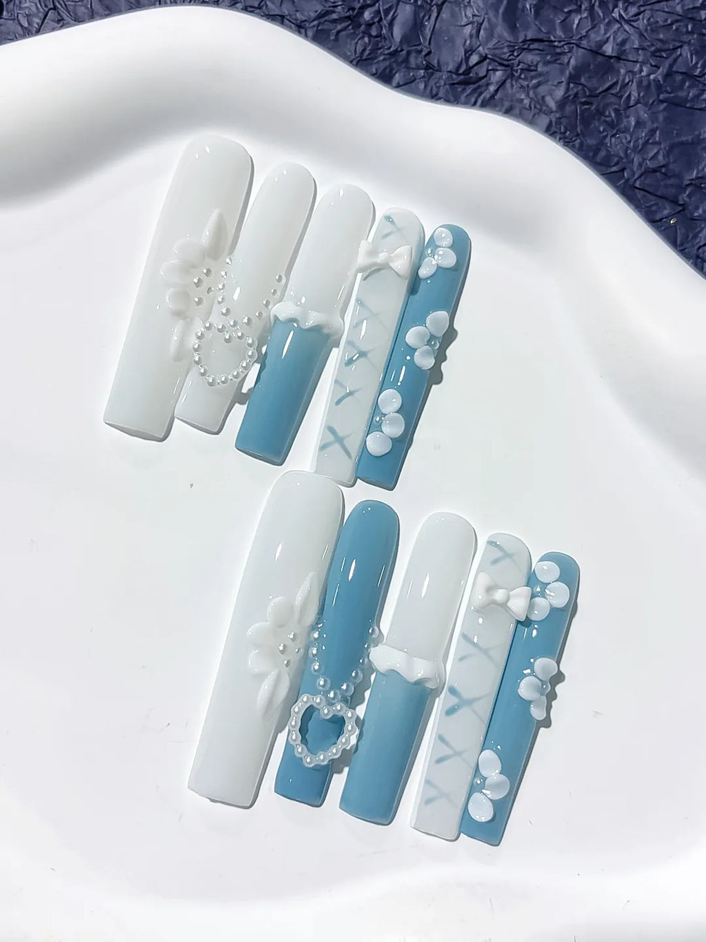 JSB01 - Long White Blue Square French tip Pearl Bow