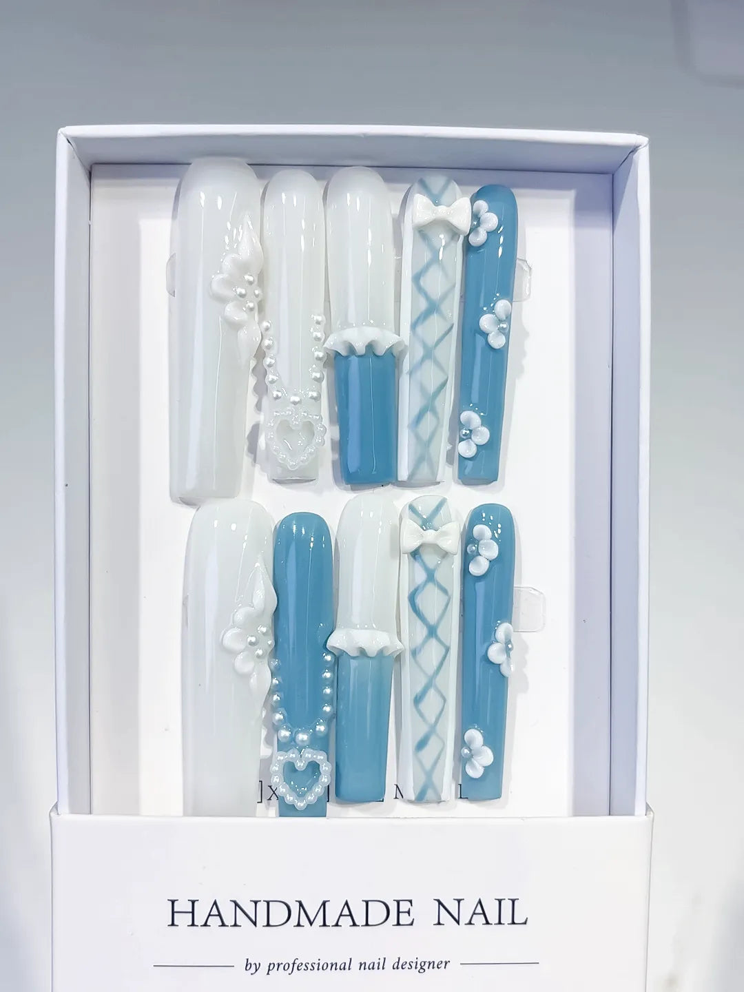 JSB01 - Long White Blue Square French tip Pearl Bow