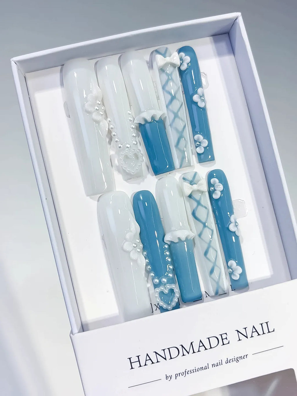 JSB01 - Long White Blue Square French tip Pearl Bow