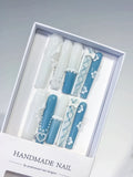 JSB01 - Long White Blue Square French tip Pearl Bow