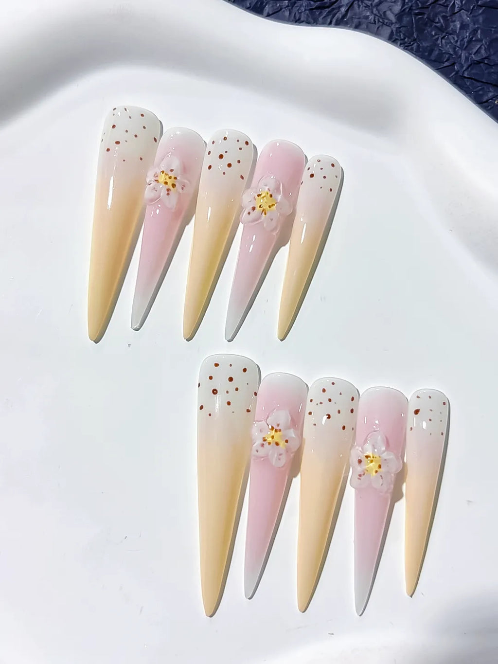 JSB02 - Long White Yellow Stiletto Ombre Flower Dot
