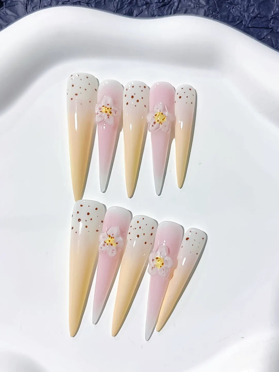 JSB02 - Long White Yellow Stiletto Ombre Flower Dot