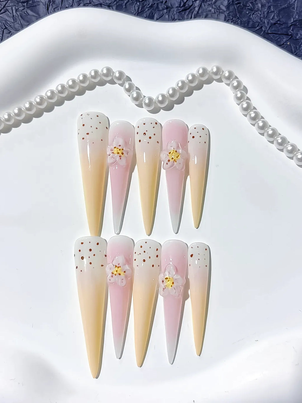 JSB02 - Long White Yellow Stiletto Ombre Flower Dot