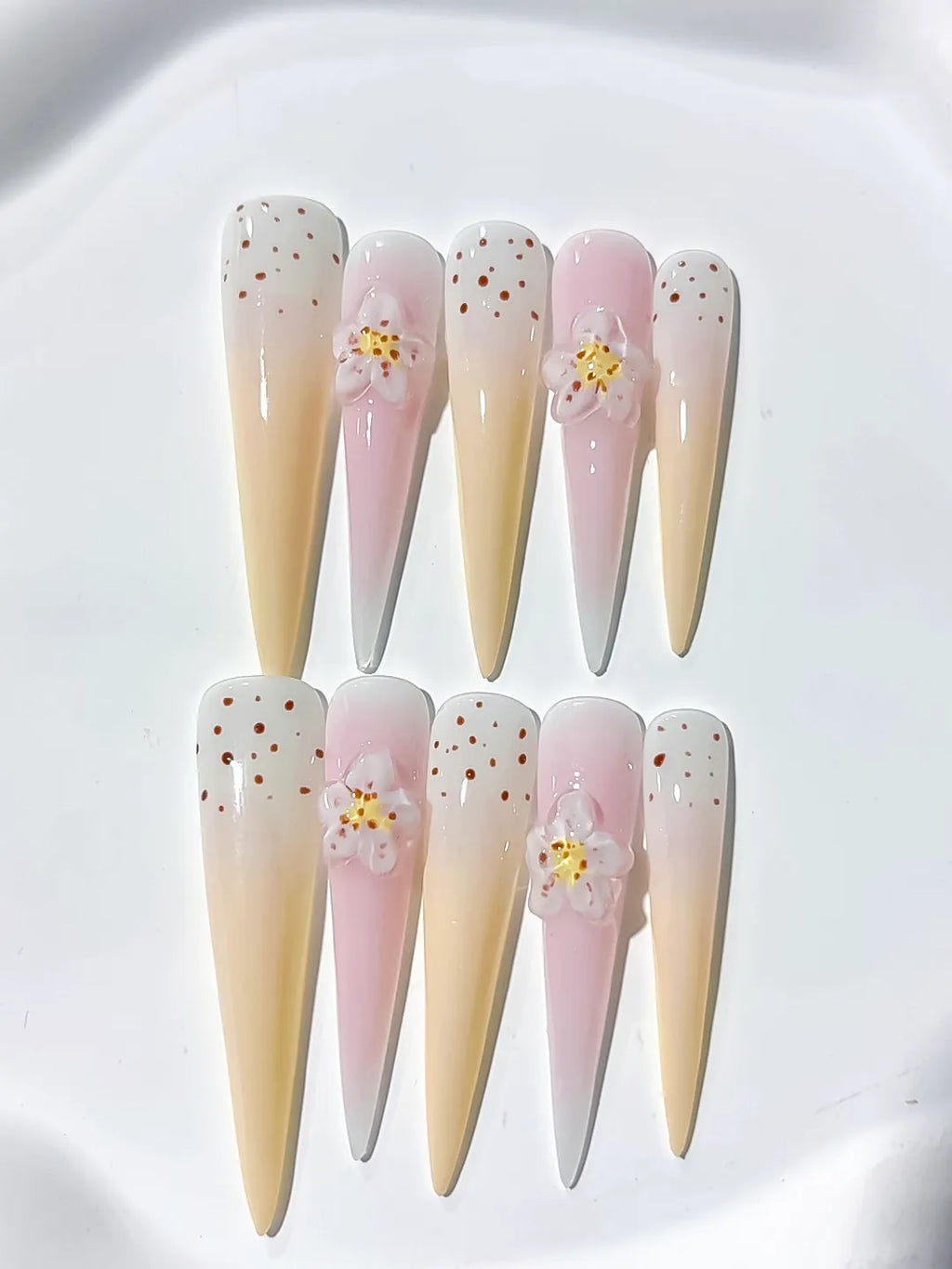 JSB02 - Long White Yellow Stiletto Ombre Flower Dot