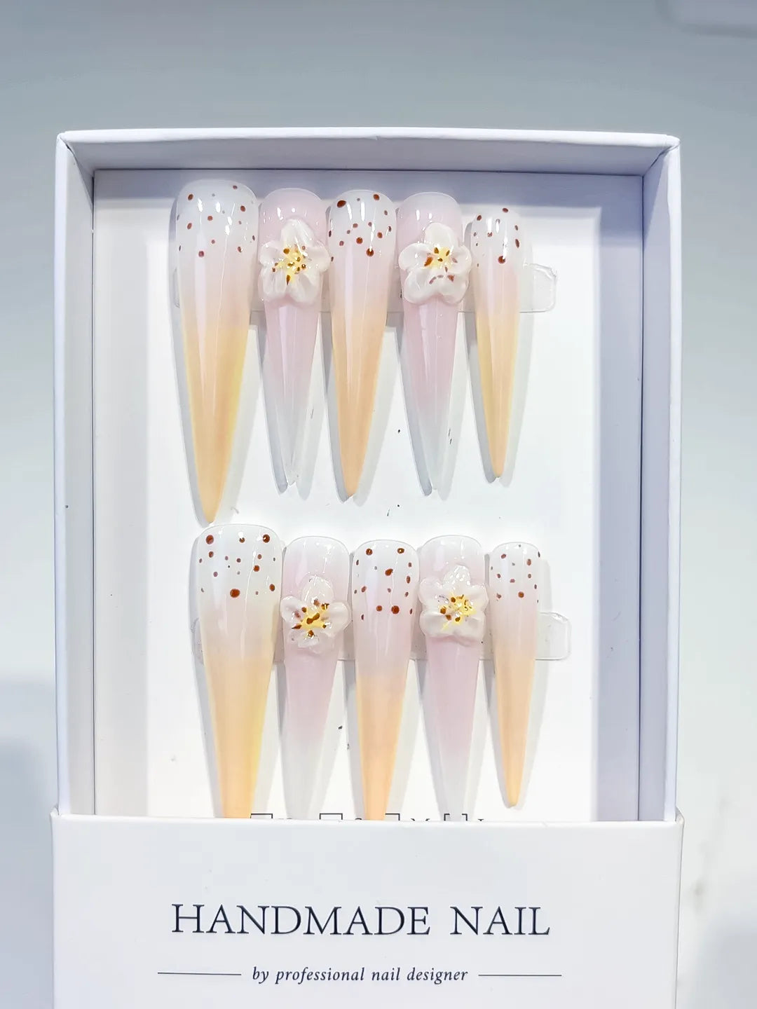 JSB02 - Long White Yellow Stiletto Ombre Flower Dot