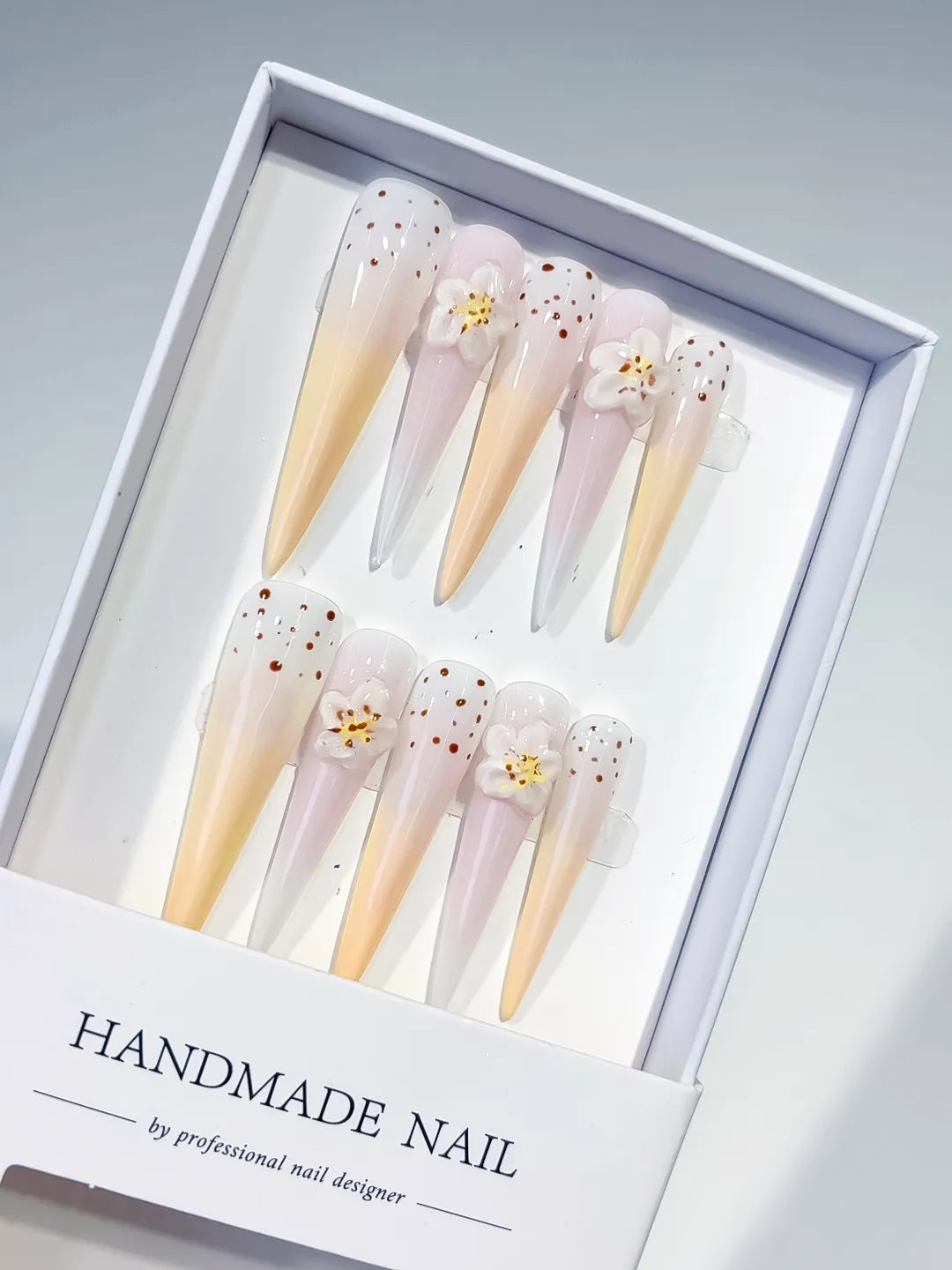 JSB02 - Long White Yellow Stiletto Ombre Flower Dot