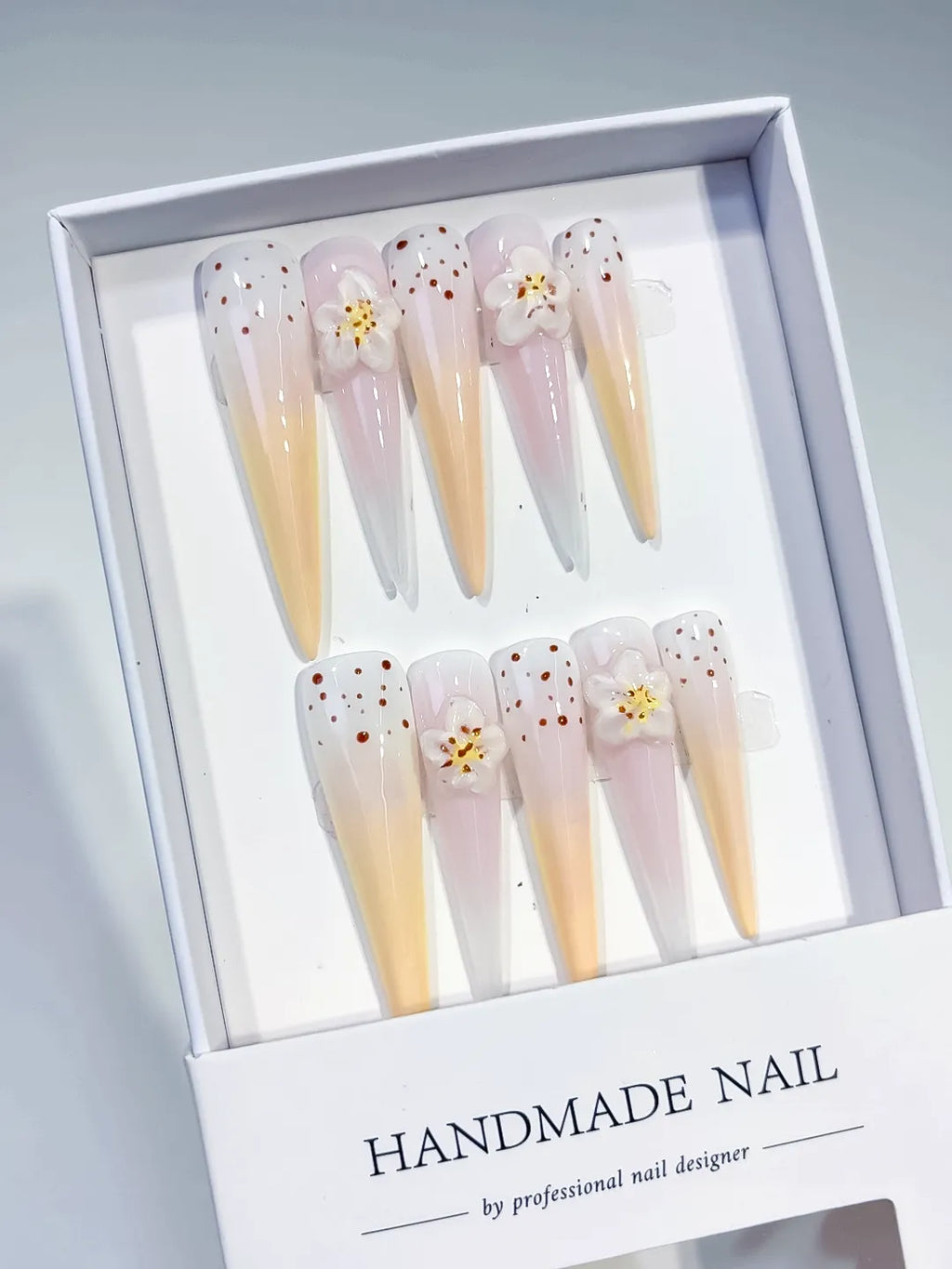 JSB02 - Long White Yellow Stiletto Ombre Flower Dot