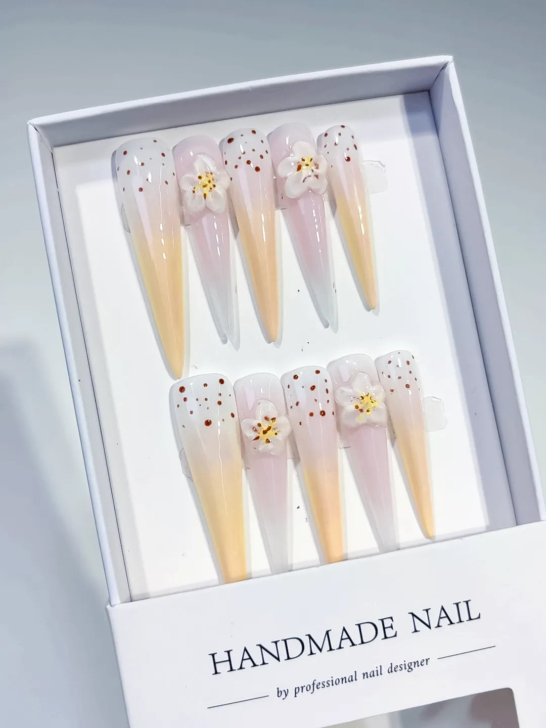 JSB02 - Long White Yellow Stiletto Ombre Flower Dot