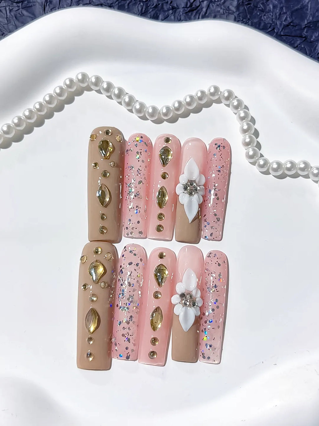 JSB03 - Long Nude Pink Square Glitter Flower Rhinestone