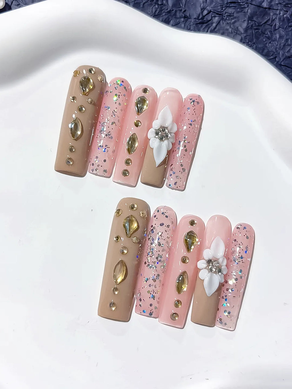 JSB03 - Long Nude Pink Square Glitter Flower Rhinestone
