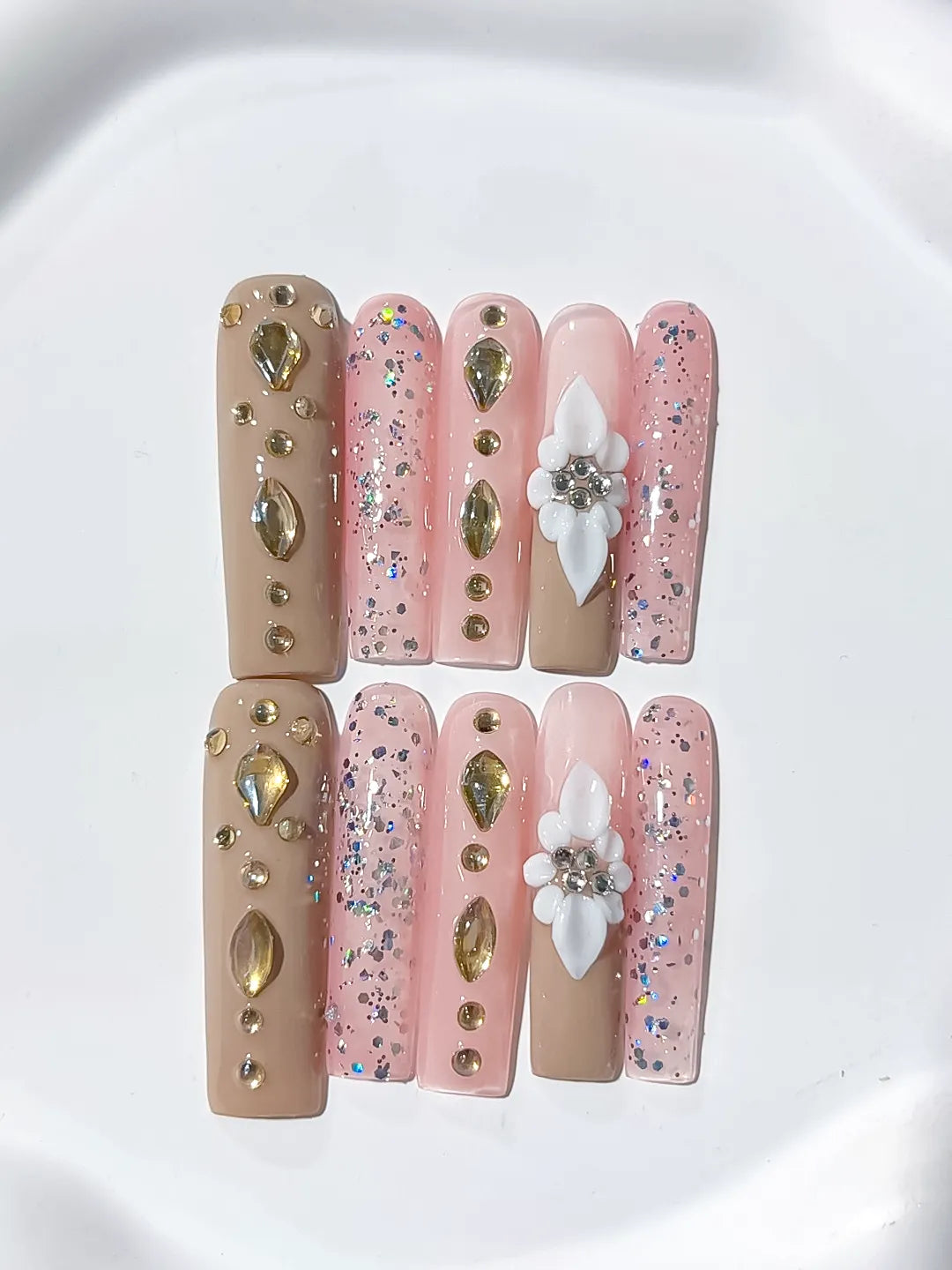 JSB03 - Long Nude Pink Square Glitter Flower Rhinestone
