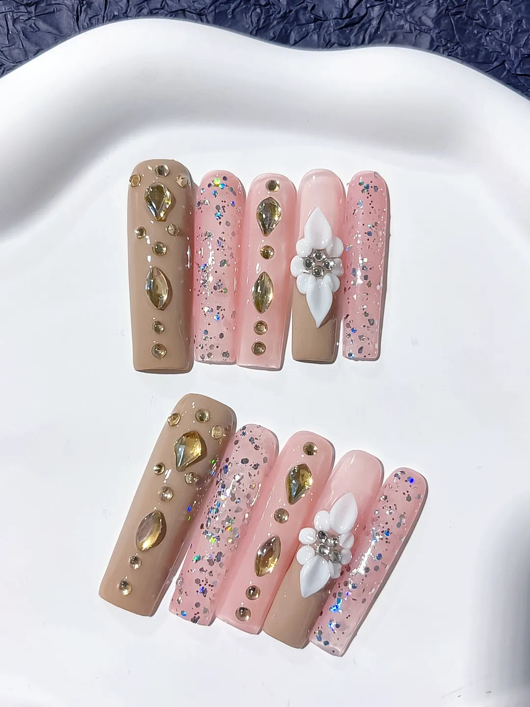 JSB03 - Long Nude Pink Square Glitter Flower Rhinestone