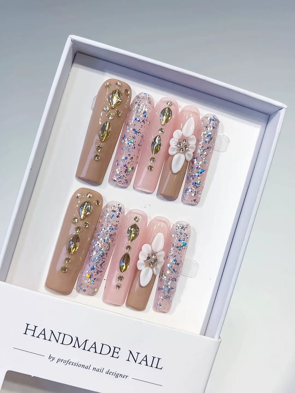 JSB03 - Long Nude Pink Square Glitter Flower Rhinestone
