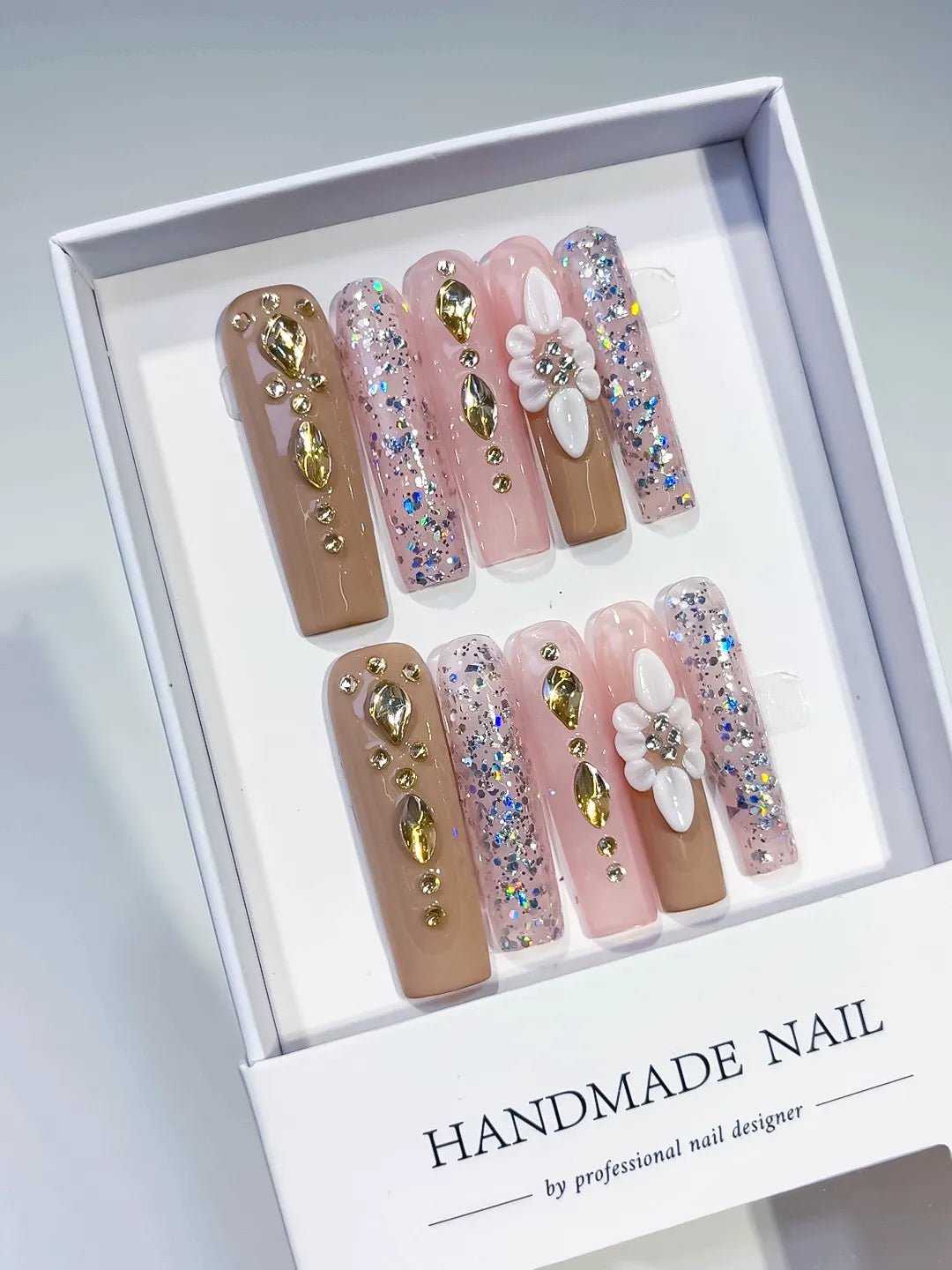 JSB03 - Long Nude Pink Square Glitter Flower Rhinestone