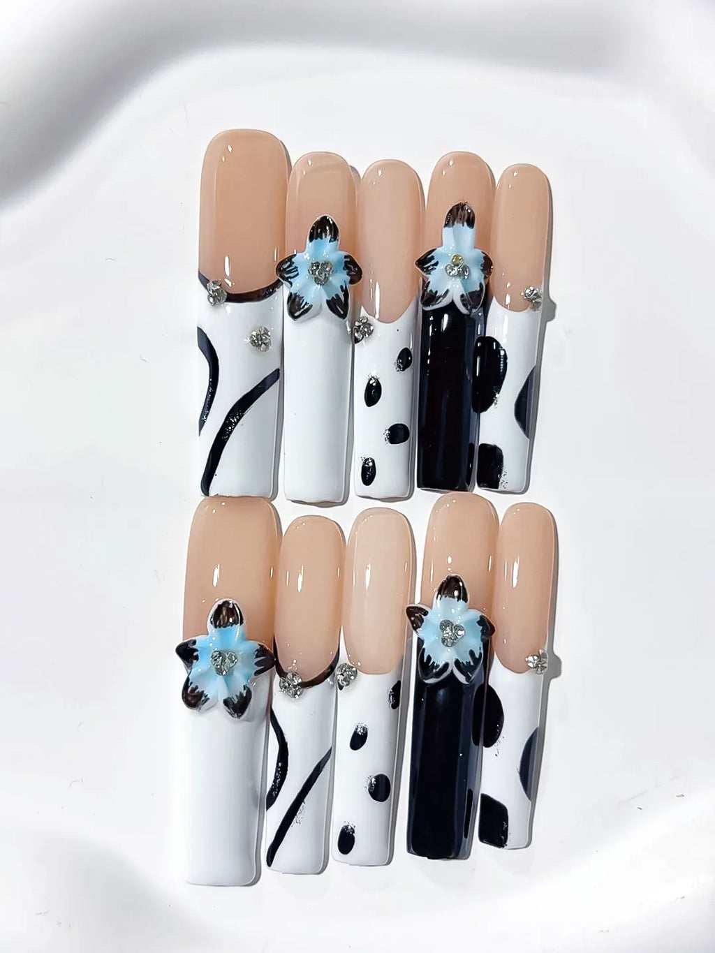 JSB04 - Long Nude White Square Abstract Flower Rhinestone