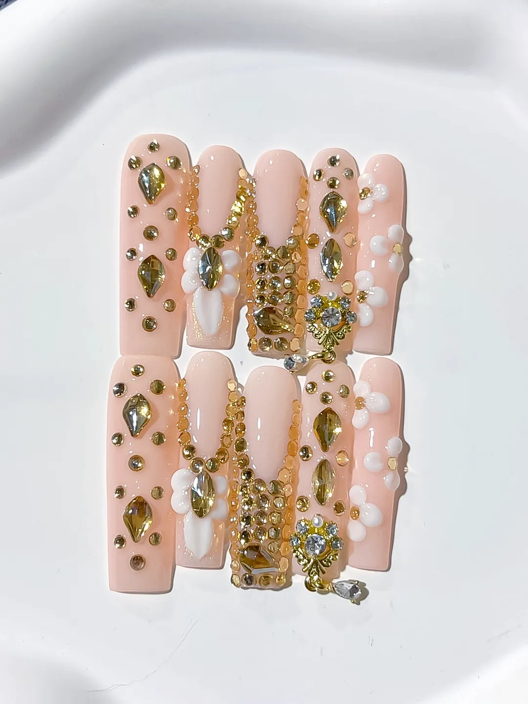 JSB05 - Long Pink Nude Square Solid color Flower Rhinestone