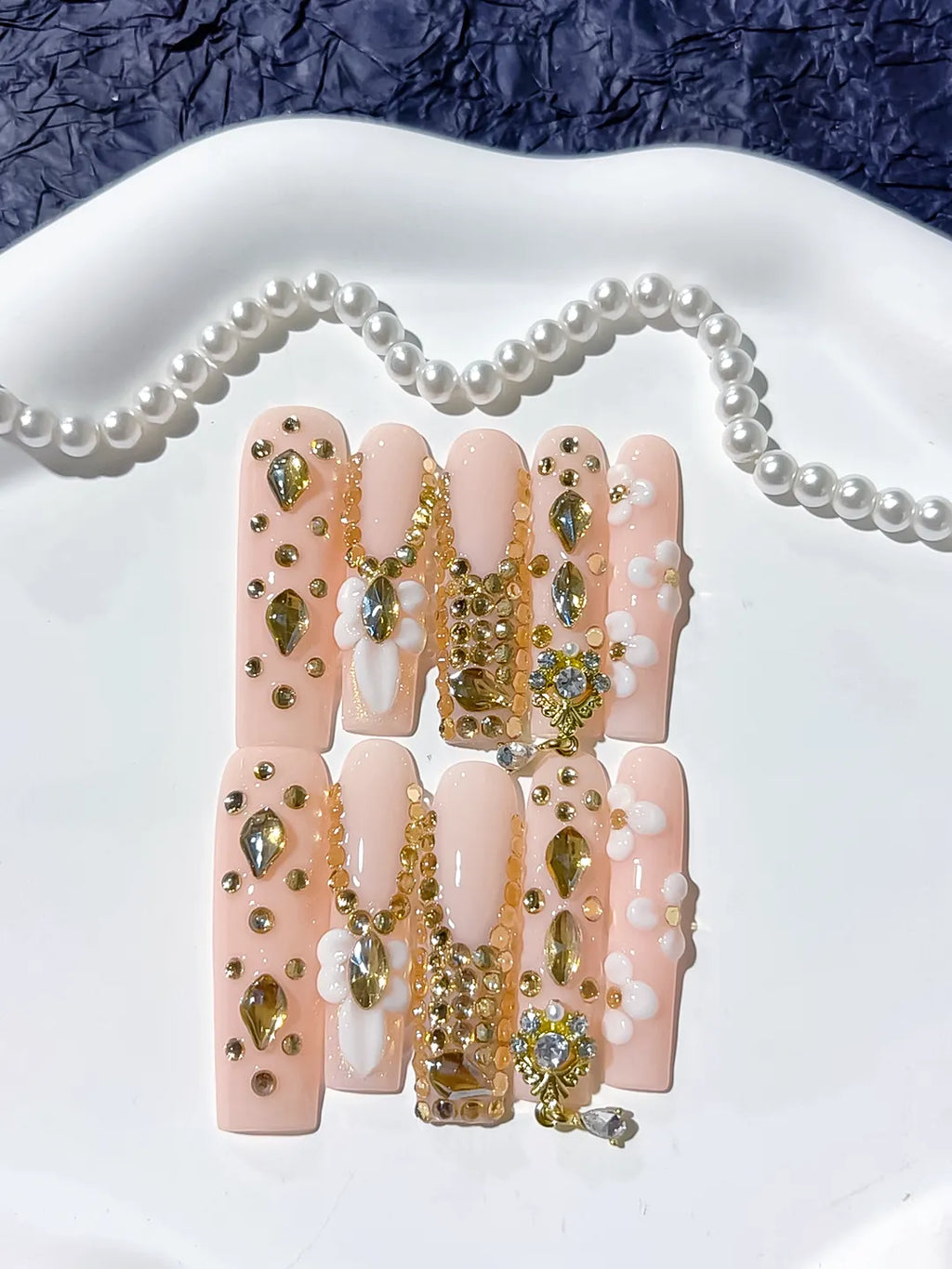 JSB05 - Long Pink Nude Square Solid color Flower Rhinestone