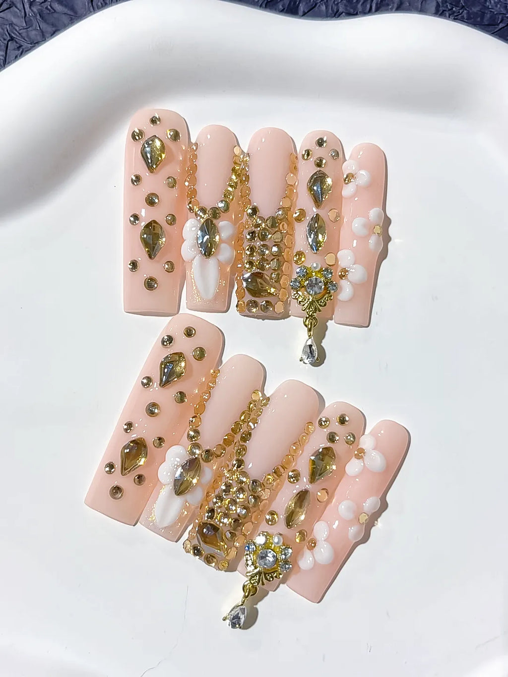 JSB05 - Long Pink Nude Square Solid color Flower Rhinestone