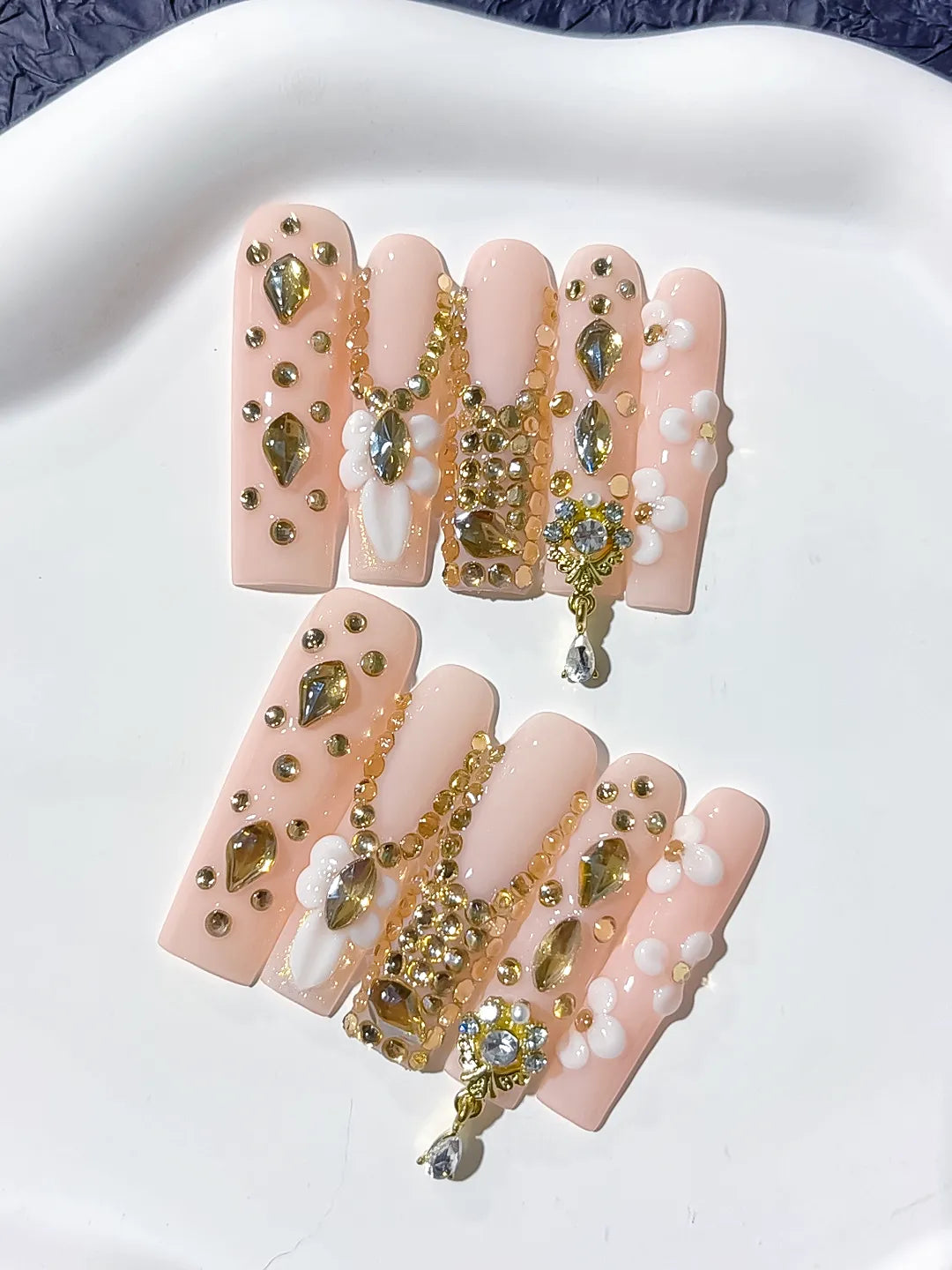 JSB05 - Long Pink Nude Square Solid color Flower Rhinestone