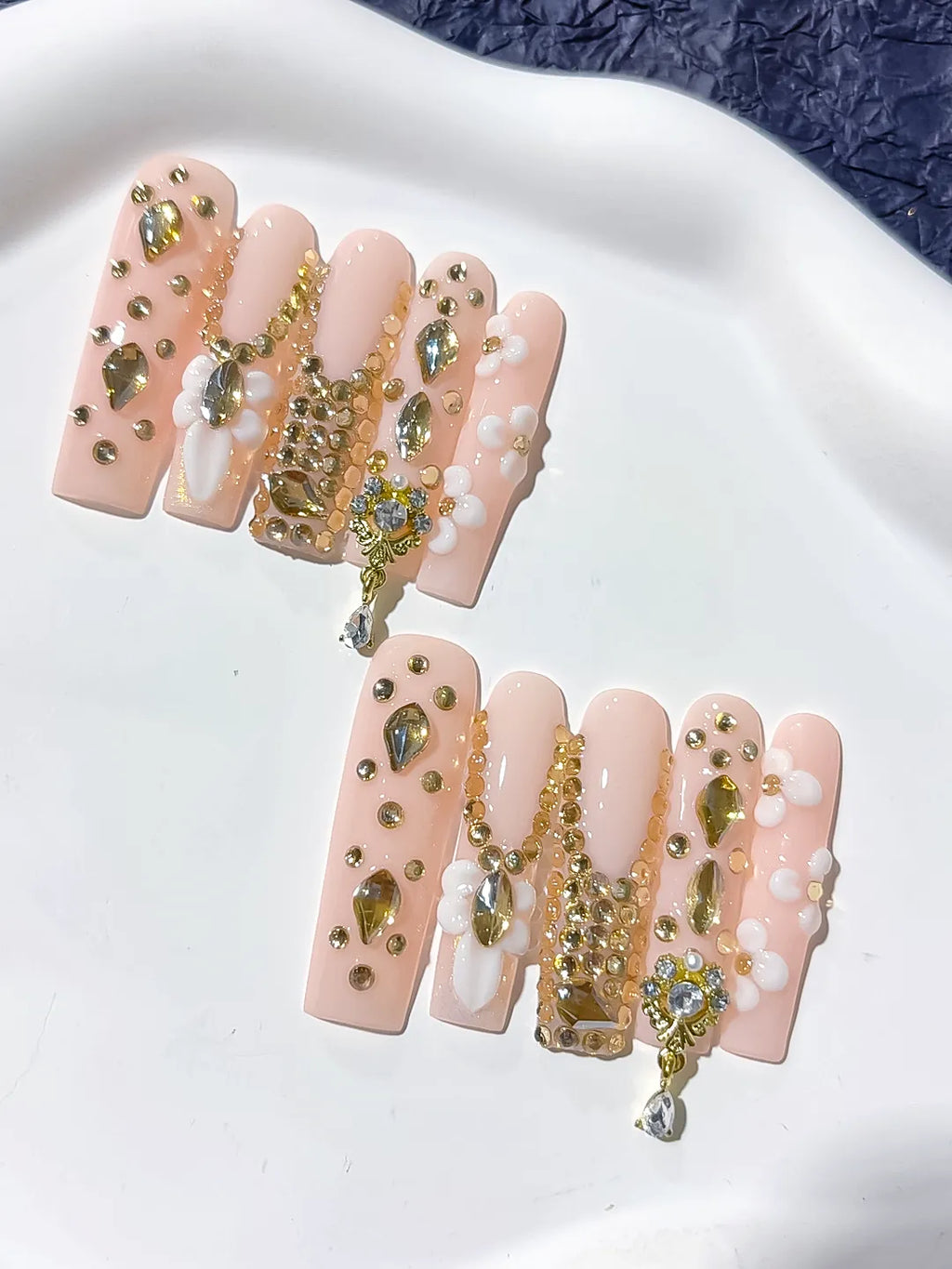 JSB05 - Long Pink Nude Square Solid color Flower Rhinestone
