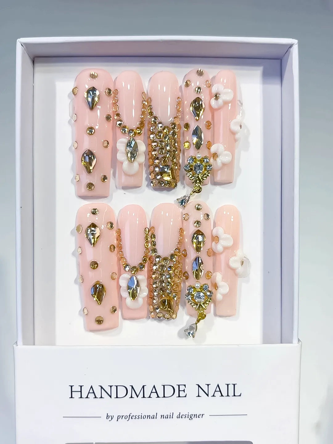 JSB05 - Long Pink Nude Square Solid color Flower Rhinestone
