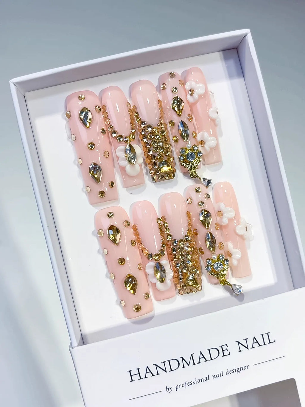 JSB05 - Long Pink Nude Square Solid color Flower Rhinestone