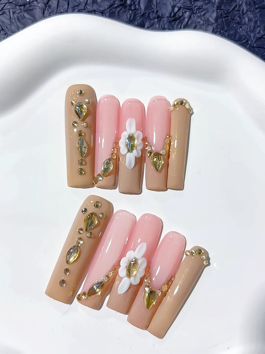 JSB06 - Long Nude Pink Square Solid color Flower Rhinestone