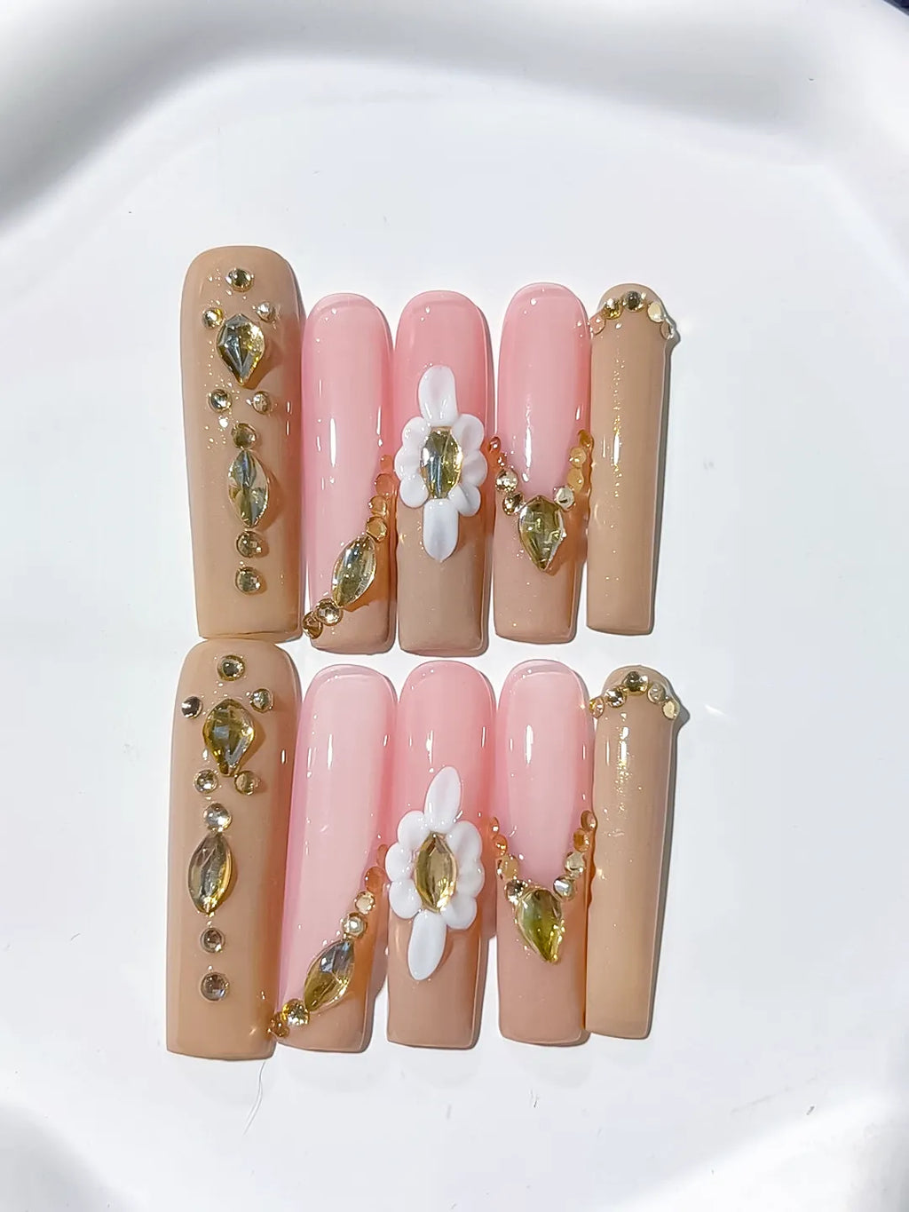 JSB06 - Long Nude Pink Square Solid color Flower Rhinestone