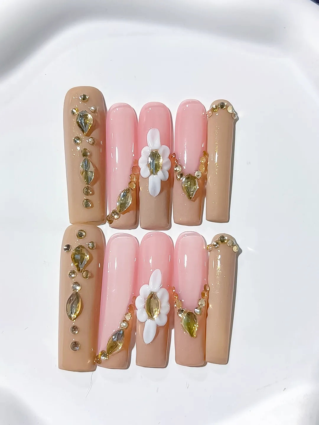 JSB06 - Long Nude Pink Square Solid color Flower Rhinestone