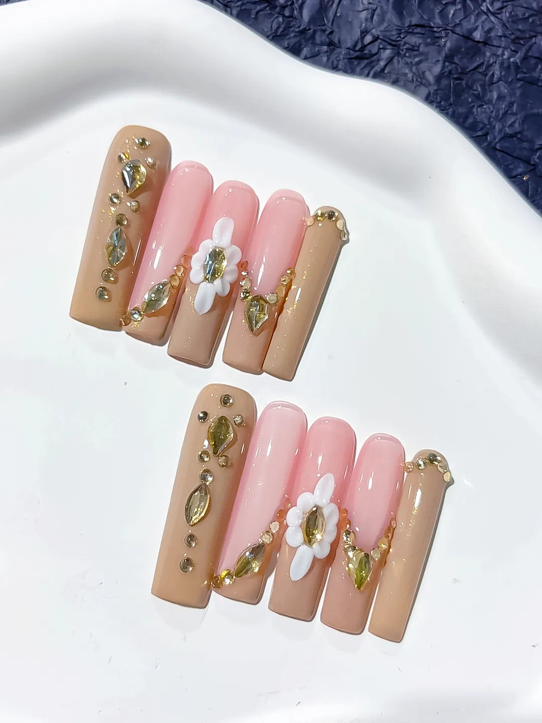 JSB06 - Long Nude Pink Square Solid color Flower Rhinestone