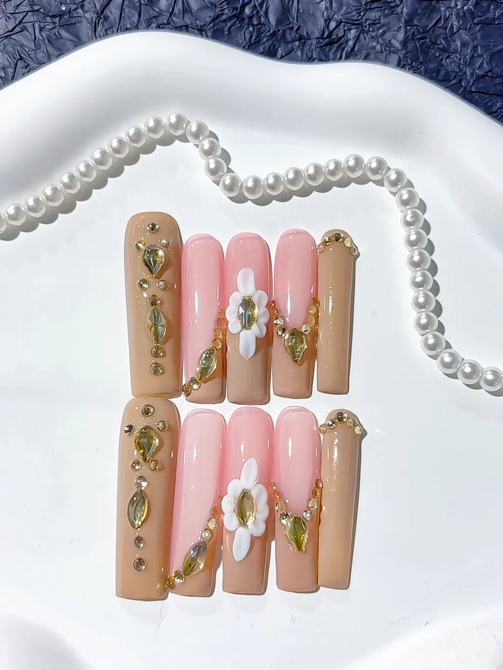 JSB06 - Long Nude Pink Square Solid color Flower Rhinestone