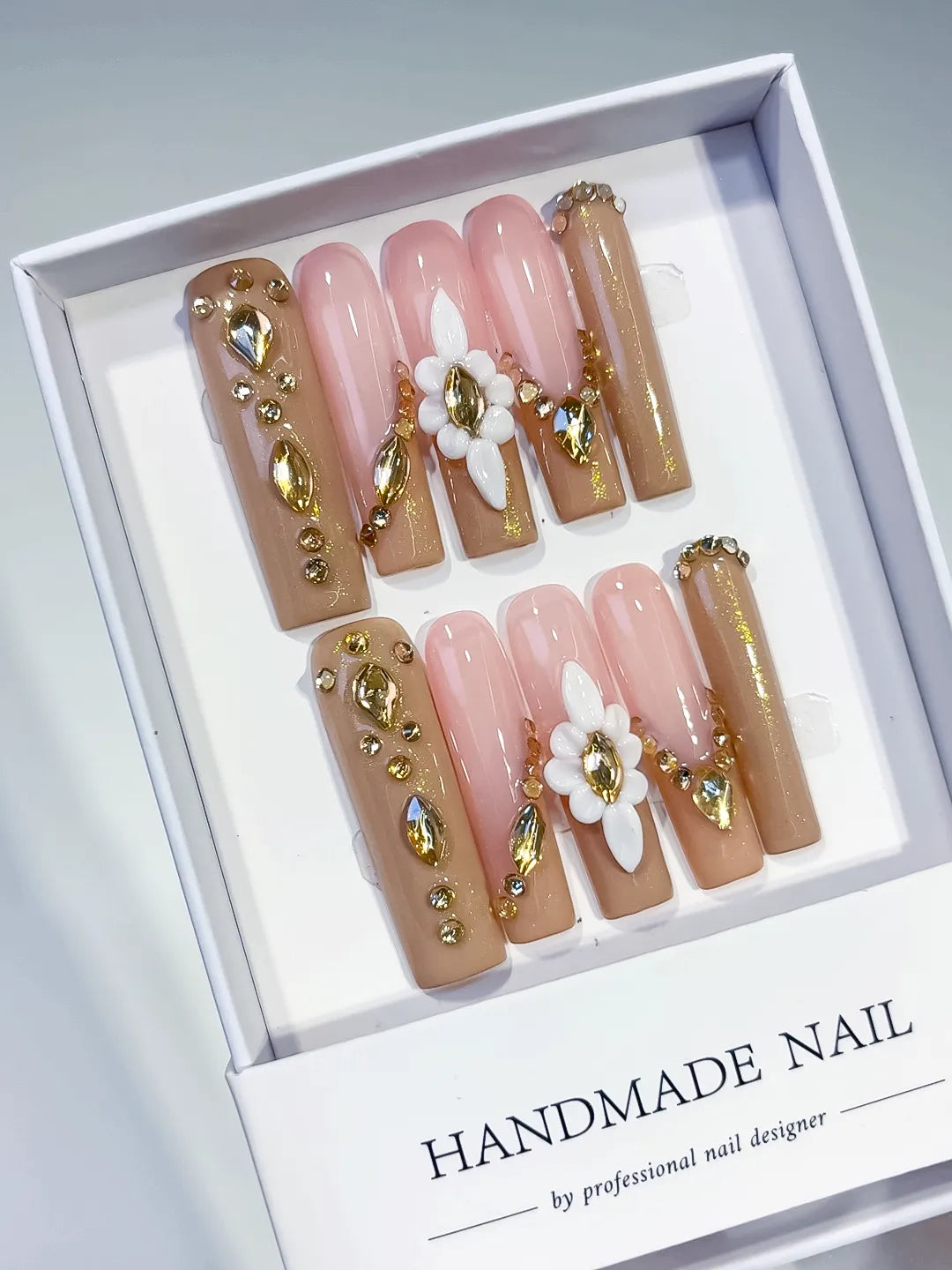 JSB06 - Long Nude Pink Square Solid color Flower Rhinestone