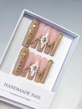 JSB06 - Long Nude Pink Square Solid color Flower Rhinestone