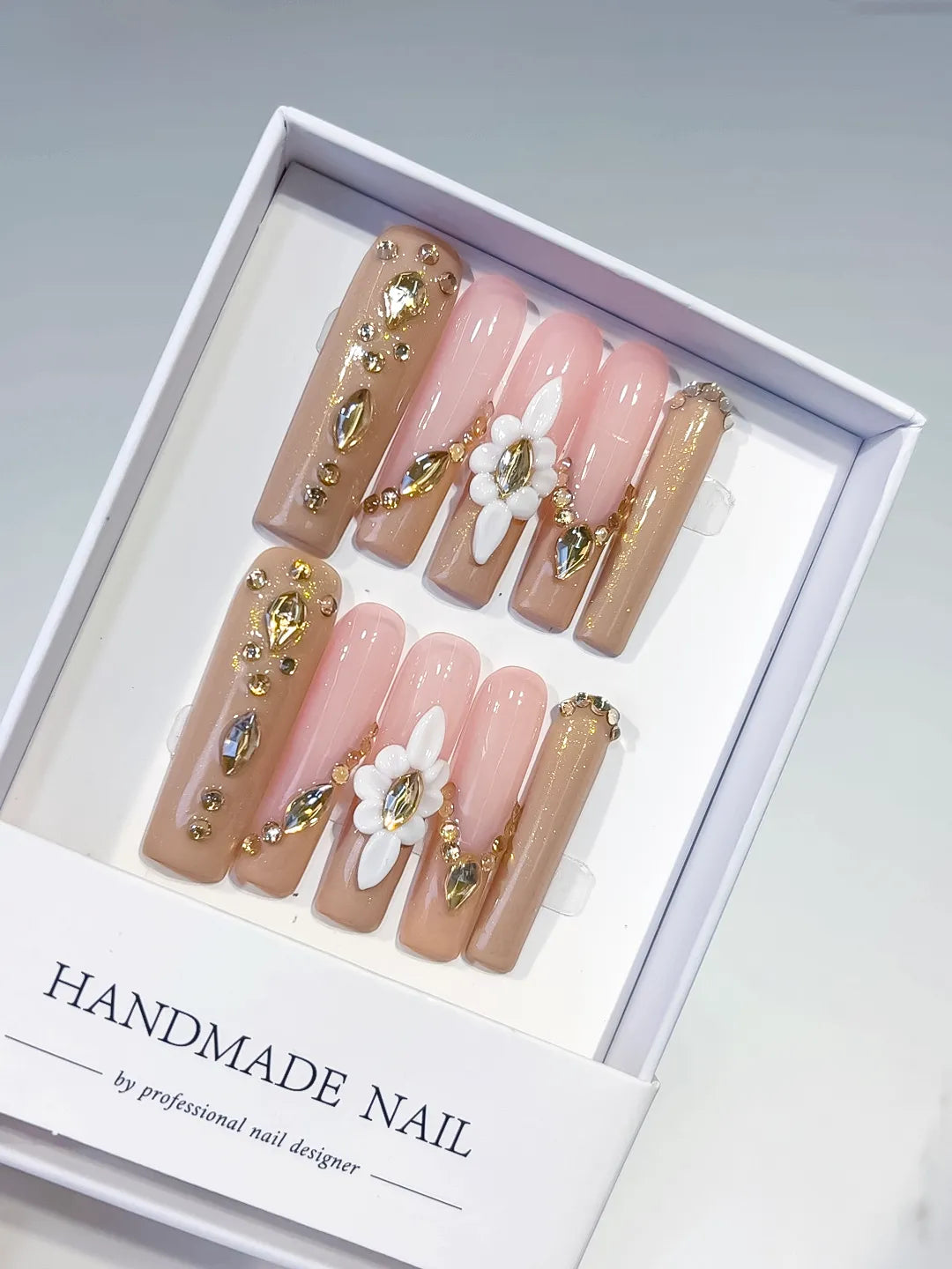 JSB06 - Long Nude Pink Square Solid color Flower Rhinestone