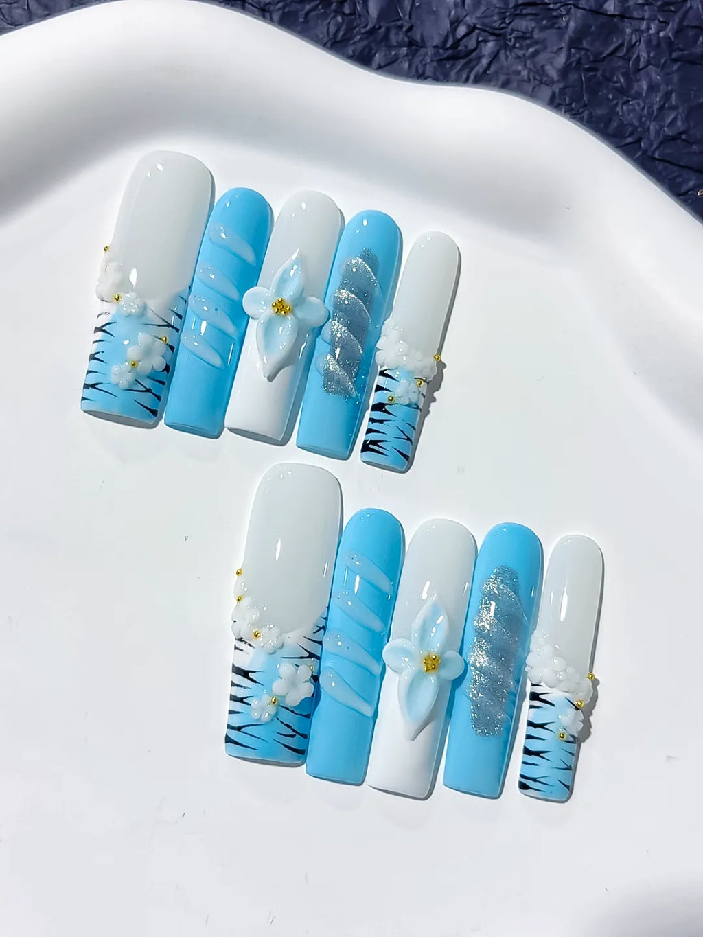 JSB07 - Long White Blue Square Abstract Flower Glitter